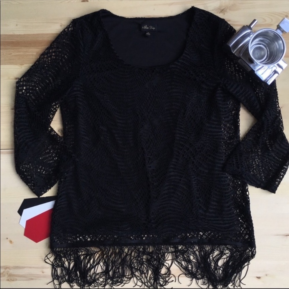 BLACK FRINGE CROCHET OVERLAY TOP